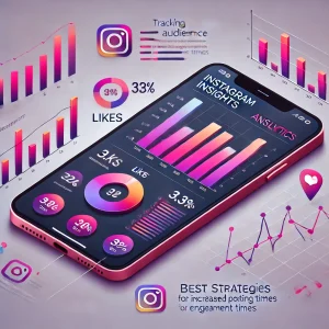 Illustration of Instagram Insights analytics showing engagement data, audience growth, and posting times, emphasizing strategies for increasing likes and performance tracking.