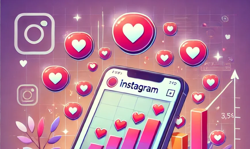 Illustration showing Instagram post with floating heart icons, symbolizing growth in likes and social media engagement, highlighting strategies for increasing popularity.