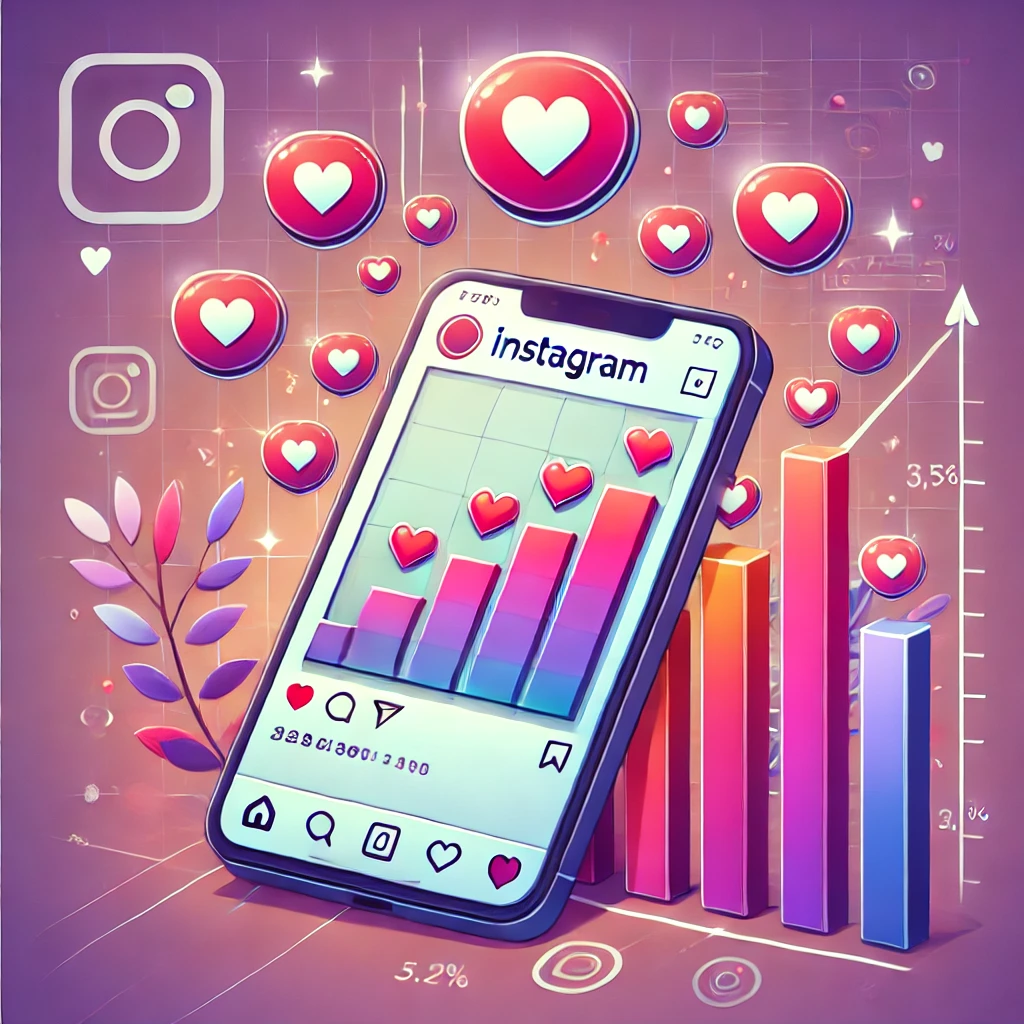 Illustration showing Instagram post with floating heart icons, symbolizing growth in likes and social media engagement, highlighting strategies for increasing popularity.