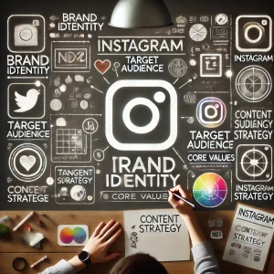 Instagram brand identity creation with a person outlining brand identity, target audience, and core values, featuring Instagram logos and content strategy symbols.