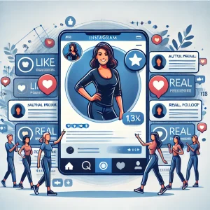 Illustration of an Instagram user confidently presenting themselves with real followers engaging through likes, comments, and shares, emphasizing authentic self-presentation and social proof.