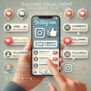 Instagram engagement illustration showing a person interacting with comments and likes, symbolizing authentic social media engagement.