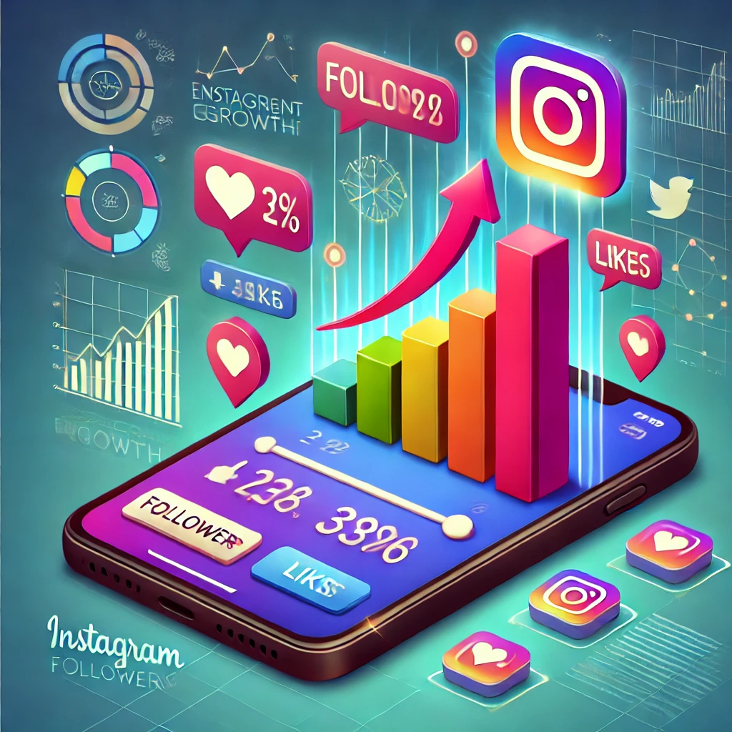 Instagram engagement growth visual with increasing followers, likes, and comments icons, illustrating how buying Instagram followers boosts social media presence and engagement.