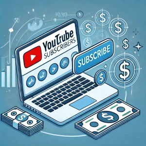 Illustration of buying YouTube subscribers with a subscribe button click, increasing subscriber count, and transaction symbols, representing channel growth and purchasing process.