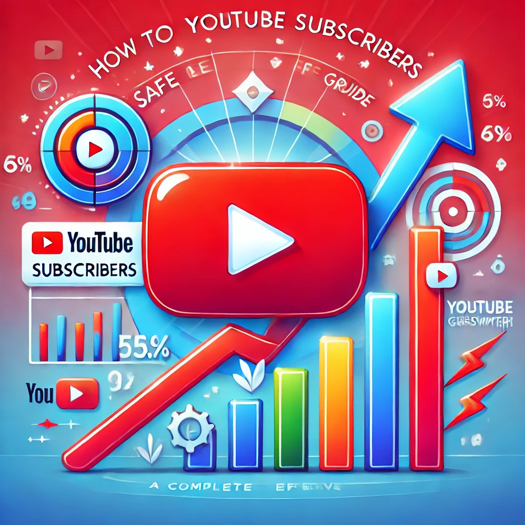 YouTube subscribers growth illustration with the YouTube logo, subscriber count bar increasing, and growth chart symbolizing success and effective channel expansion.