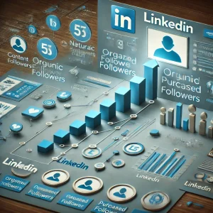 LinkedIn profile showing growth through both purchased and organic followers, with charts and follower icons representing the balance of professional visibility and engagement.