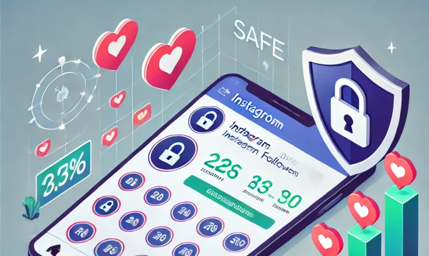 Image showing a safe and gradual increase in Instagram followers with security symbols like a lock and shield, representing secure transactions and trust. The image illustrates how buying Instagram followers can boost brand growth safely.