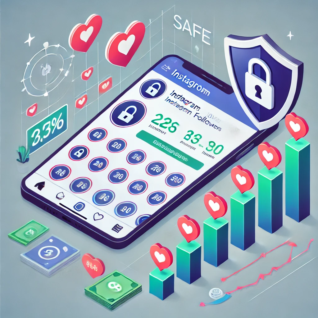 Image showing a safe and gradual increase in Instagram followers with security symbols like a lock and shield, representing secure transactions and trust. The image illustrates how buying Instagram followers can boost brand growth safely.