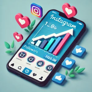 Visual representation of Instagram follower growth, showing increasing followers, likes, and comments on a smartphone screen, with upward arrows indicating boosted engagement through increased followers.