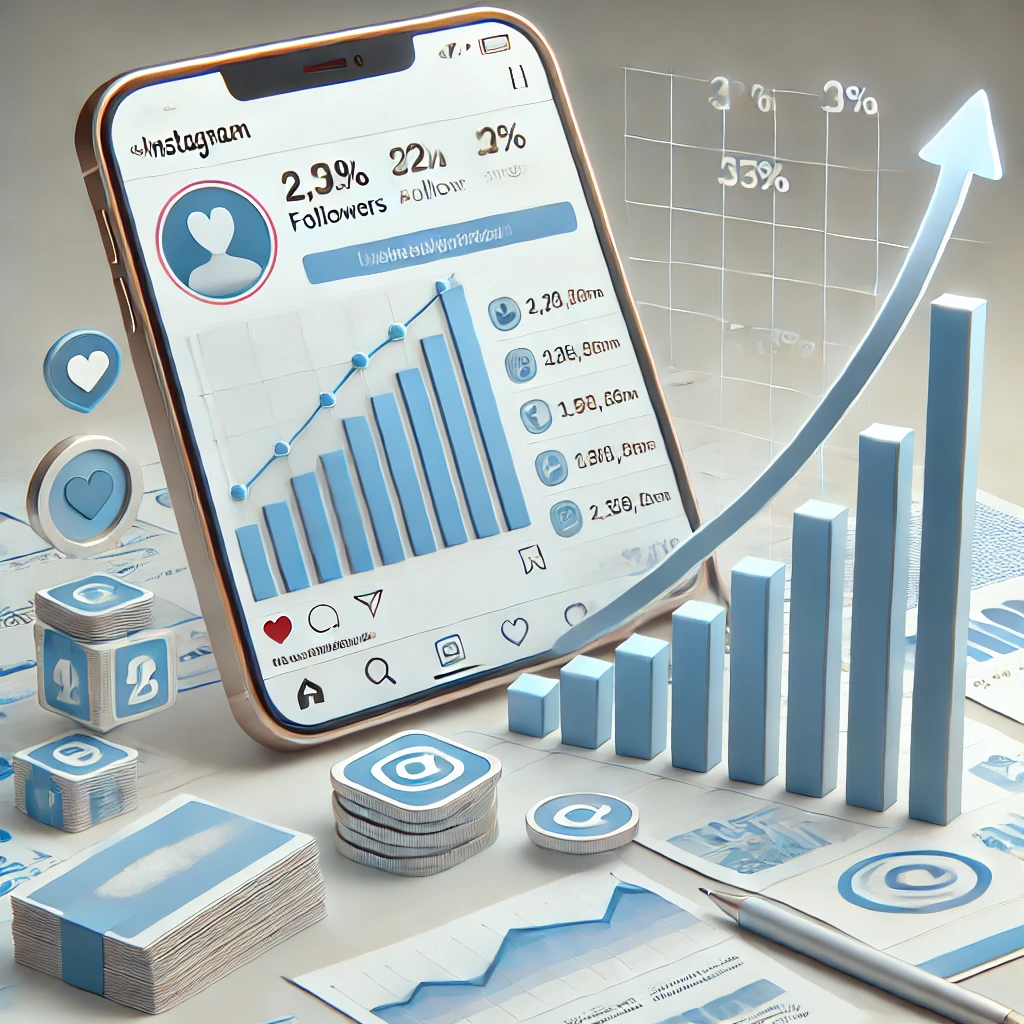 Illustration of long-term Instagram growth after buying followers, showing increasing follower count, engagement, and upward growth trends.
