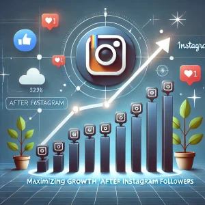 Maximizing growth after buying Instagram followers, showing an upward chart representing follower increase and engagement boost.