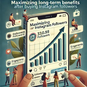 Visual representation of maximizing long-term benefits after buying Instagram followers, showing steady growth in followers, increased engagement, and success through strategic social media management.