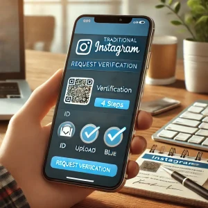 Instagram app on a smartphone displaying the request verification screen, symbolizing the process of obtaining a blue checkmark through traditional verification steps.