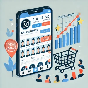 Illustration of an Instagram profile with real followers engaging actively, connected to a shopping cart icon, symbolizing how real followers contribute to real business sales.