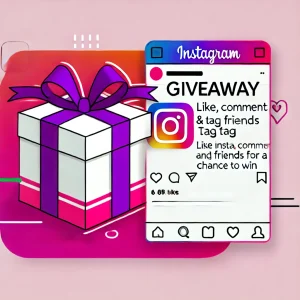 Illustration of an Instagram giveaway with a gift box and call to action for users to like, comment, and tag friends, promoting community engagement and excitement.