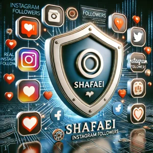 Image representing Shafaei as a trusted provider for high-quality Instagram followers, with a shield symbolizing trust and Instagram icons like followers and engagement metrics, highlighting their secure and reliable services.