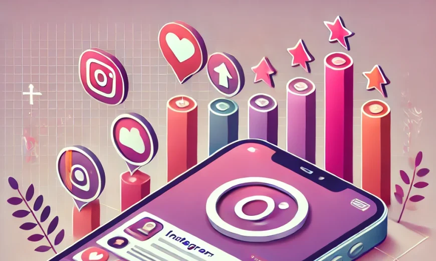 An image illustrating buying Instagram followers, with a smartphone showing an Instagram profile and growing follower count, accompanied by icons for likes and engagement.