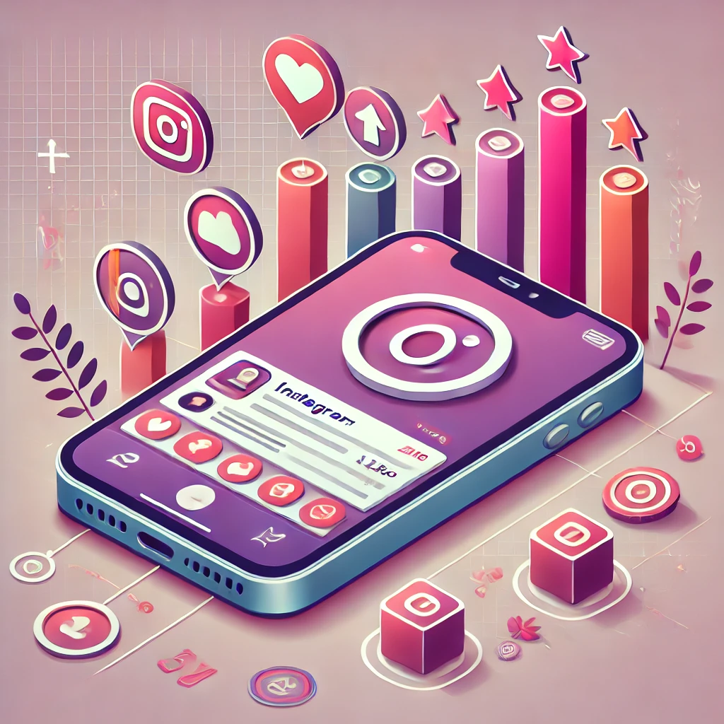 An image illustrating buying Instagram followers, with a smartphone showing an Instagram profile and growing follower count, accompanied by icons for likes and engagement.