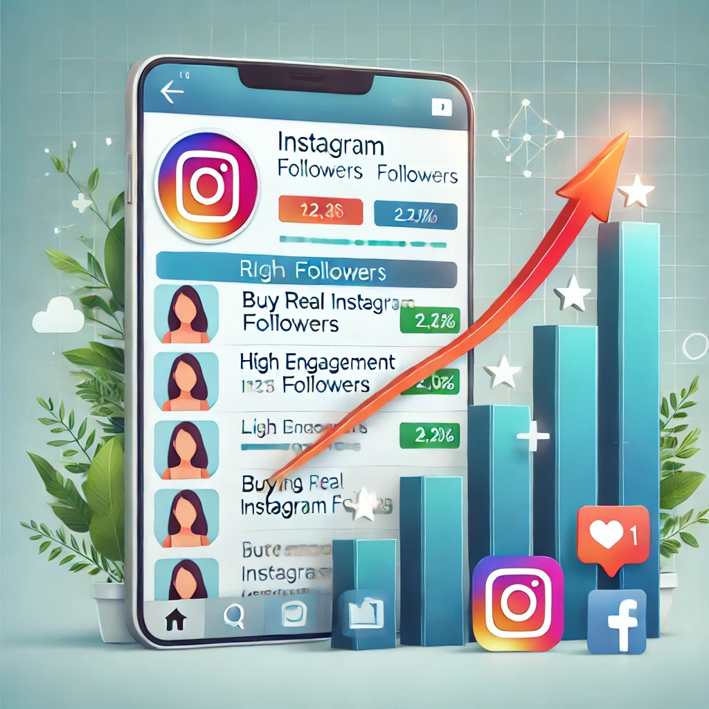 Illustration of an Instagram profile showing growing real followers, high engagement, and upward growth trends, symbolizing long-term success after buying real Instagram followers.