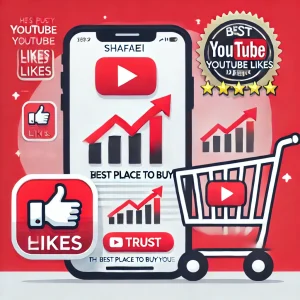 Illustration showing Shafaei as the best place to buy YouTube likes, featuring a smartphone with increasing thumbs-up icons, a trust badge for credibility, and a shopping cart symbolizing the purchase process.