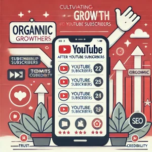 Illustration showing how purchasing YouTube subscribers leads to organic growth, featuring a smartphone with YouTube, growing subscriber counts, and engagement icons like thumbs up, comments, and shares, symbolizing positive post-purchase growth.