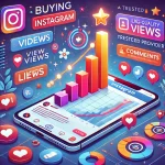 Illustration showing how buying Instagram views can boost a post's visibility, with icons of rising view counts, likes, comments, and a growing graph, emphasizing the impact of buying views from trusted providers like Shafaei for increased reach and engagement.