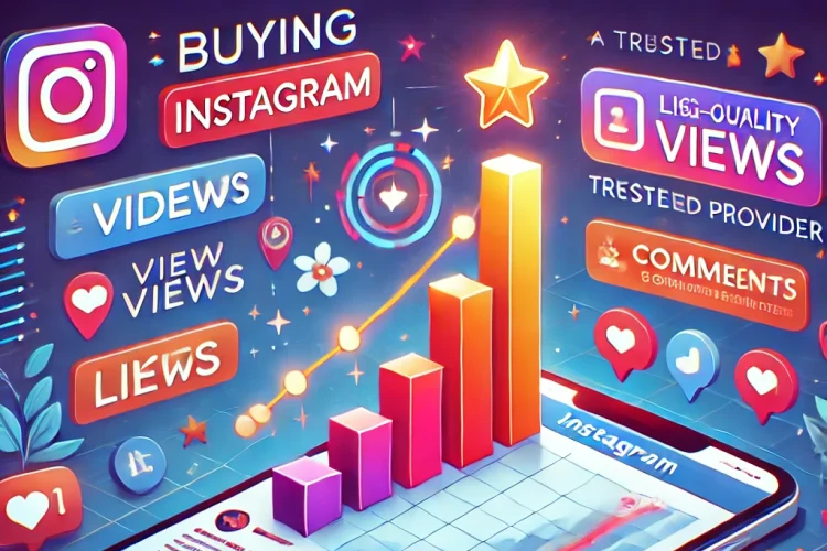 Illustration showing how buying Instagram views can boost a post's visibility, with icons of rising view counts, likes, comments, and a growing graph, emphasizing the impact of buying views from trusted providers like Shafaei for increased reach and engagement.