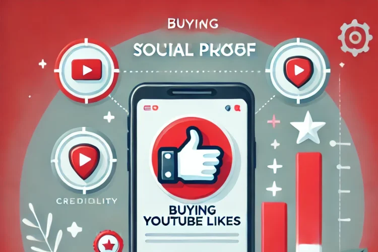 Illustration showing how buying YouTube likes boosts social proof, featuring a smartphone with increasing thumbs-up icons, credibility badges, and growth arrows symbolizing enhanced visibility and engagement.