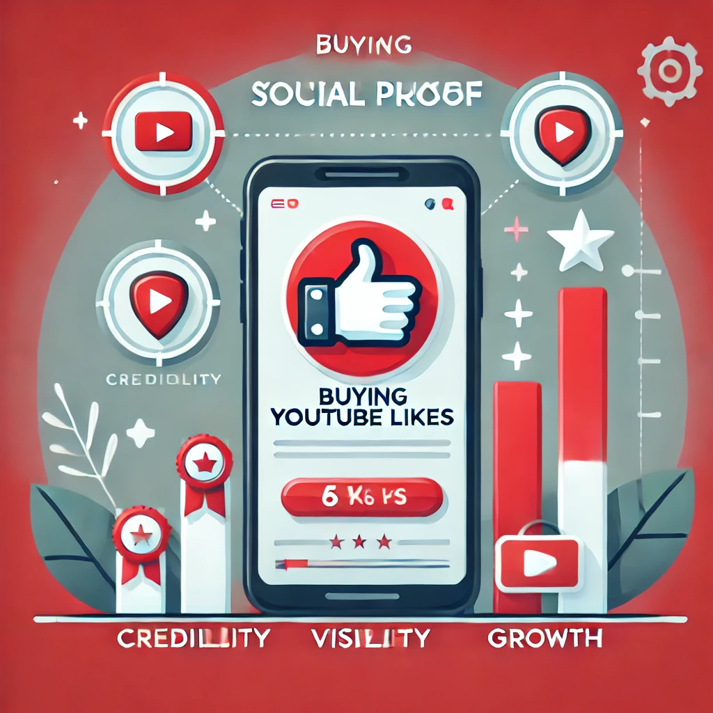 Illustration showing how buying YouTube likes boosts social proof, featuring a smartphone with increasing thumbs-up icons, credibility badges, and growth arrows symbolizing enhanced visibility and engagement.