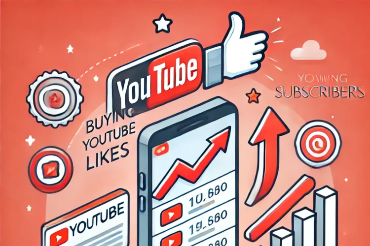 Illustration showing how buying YouTube likes leads to more subscribers, featuring a smartphone with increasing thumbs-up icons and growing subscriber counts, symbolizing engagement and credibility.