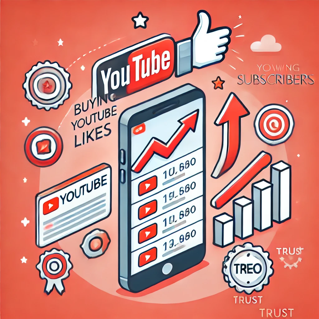 Illustration showing how buying YouTube likes leads to more subscribers, featuring a smartphone with increasing thumbs-up icons and growing subscriber counts, symbolizing engagement and credibility.