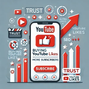 Illustration showing how buying YouTube likes leads to more subscribers, featuring a smartphone with growing thumbs-up icons and subscriber counts, trust badges, and upward arrows symbolizing engagement and credibility.