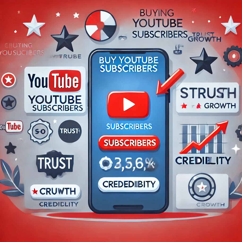 Illustration showing how buying YouTube subscribers boosts channel credibility, featuring a smartphone with increasing subscriber counts, trust icons, and growth arrows to highlight the positive impact on YouTube channel growth and engagement.