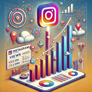 Illustration showing how Instagram views contribute to brand growth, featuring rising engagement graphs, increasing view counts, and follower growth icons, highlighting the role of views in expanding brand visibility and credibility.