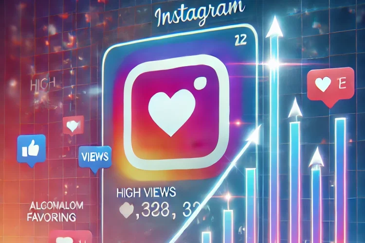 Instagram post with high views and engagement, showing like, view, and comment icons, symbolizing digital growth and algorithm favoring on social media.