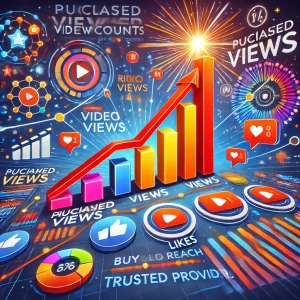 Illustration showing how purchased views contribute to the outreach of content, with icons representing rising video views, likes, and shares, alongside a growing graph, highlighting increased reach and engagement from trusted providers.