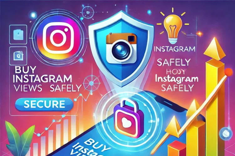 Illustration showing how to buy Instagram views safely, featuring a secure transaction with video view icons, a security shield, and a rising engagement graph, emphasizing safe growth and protection for Instagram accounts.