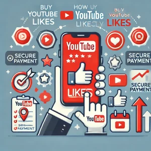 Illustration showing how to buy YouTube likes effectively, featuring a smartphone with the YouTube app, thumbs-up icons, a checklist for secure purchases, and symbols for trust and real users, symbolizing safe and effective buying practices.