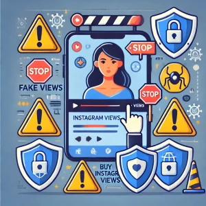 Illustration highlighting the precautions and risks of buying Instagram views, featuring warning symbols, a security shield, and alerts about avoiding fake views and bot engagement to protect account credibility.