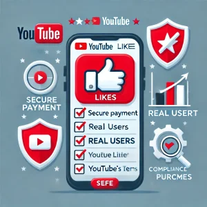 Illustration showing the requirements for purchasing YouTube likes, featuring a smartphone with the YouTube app, thumbs-up icon, and checklist symbols for secure payment, real users, and compliance with YouTube terms.