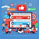 YouTube video engagement, featuring comment bubbles, thumbs-up, and user interactions, highlighting channel growth and real comments.