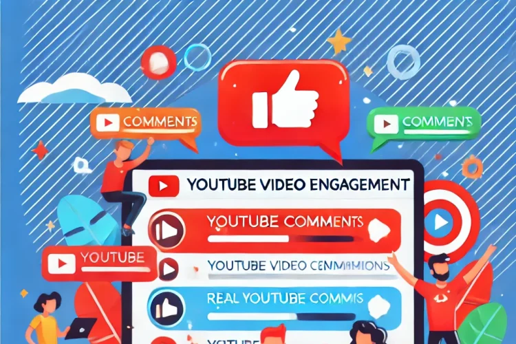 YouTube video engagement, featuring comment bubbles, thumbs-up, and user interactions, highlighting channel growth and real comments.