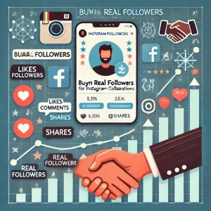 Instagram profile gaining real followers with engagement icons and brand logos, illustrating the benefits of buying real followers for successful collaborations.