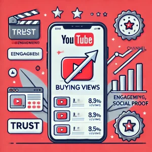 Illustration showing the benefits of buying YouTube views for growing a channel, featuring increasing view counts, engagement icons, credibility symbols, and upward arrows for channel growth.