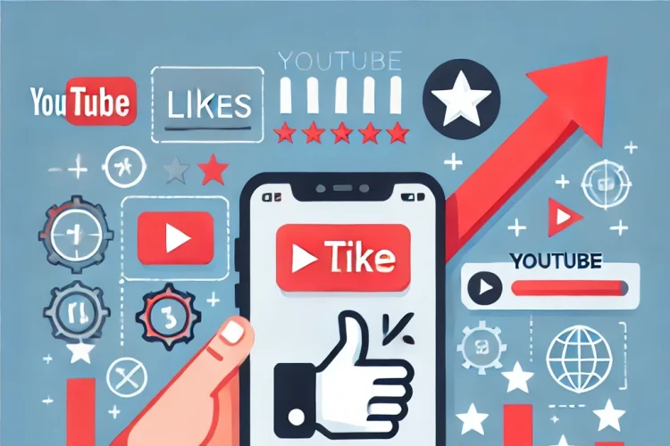 Illustration showing the concept of buying YouTube likes to boost engagement and channel growth, featuring a smartphone with the YouTube app and increasing thumbs-up icons, symbolizing credibility and success.