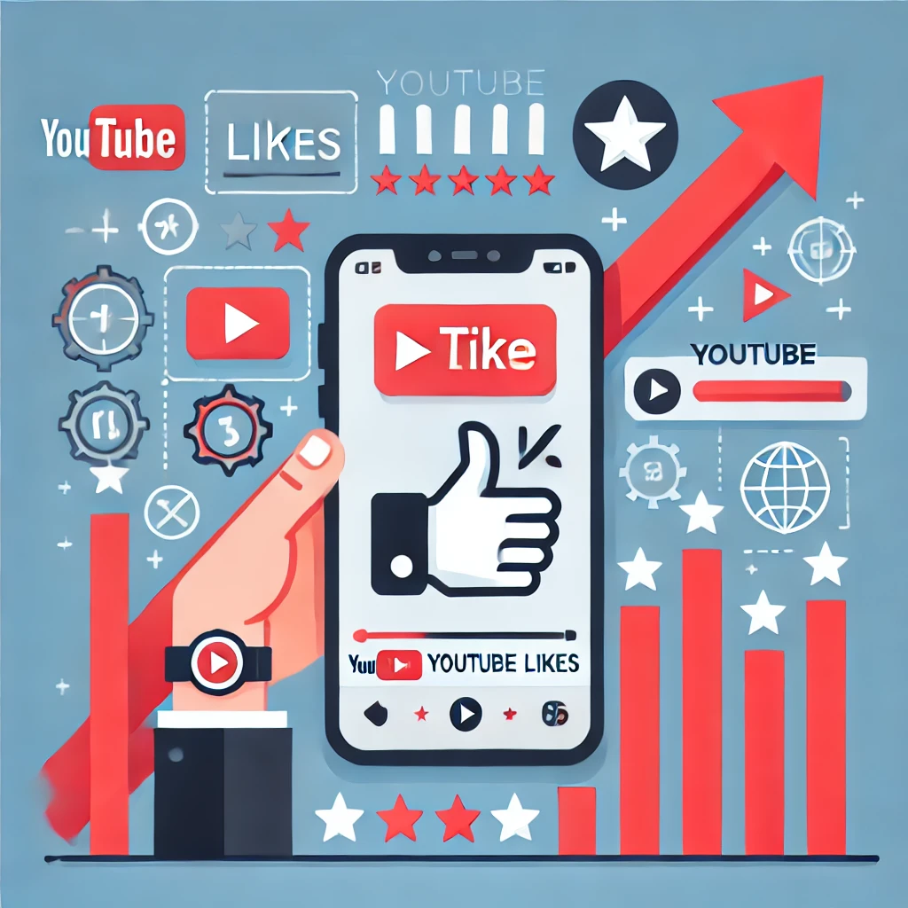 Illustration showing the concept of buying YouTube likes to boost engagement and channel growth, featuring a smartphone with the YouTube app and increasing thumbs-up icons, symbolizing credibility and success.