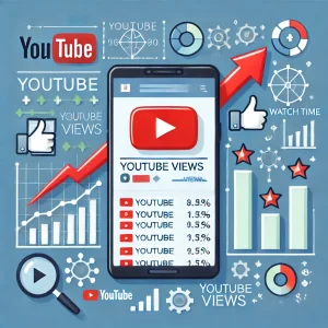 Illustration showing the effect of YouTube views on ranking in YouTube's algorithm, featuring increasing view counts, algorithmic graphs, engagement icons, and upward arrows symbolizing improved rankings.