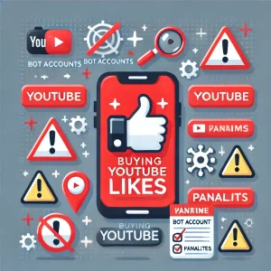 Illustration showing the risks of buying YouTube likes, featuring a smartphone with YouTube, thumbs-up icons, warning symbols, and bot account icons, symbolizing potential dangers such as fake likes and penalties.