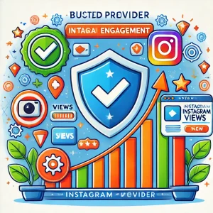 Illustration representing a trusted provider for buying Instagram views, featuring symbols of safety like a shield, checkmark, and rising engagement icons, emphasizing reliability and growth when purchasing views.