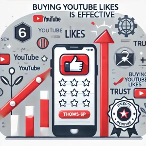 Illustration showing why buying YouTube likes is effective, featuring a smartphone with a growing thumbs-up icon, upward arrows symbolizing engagement and growth, and trust badges for credibility.